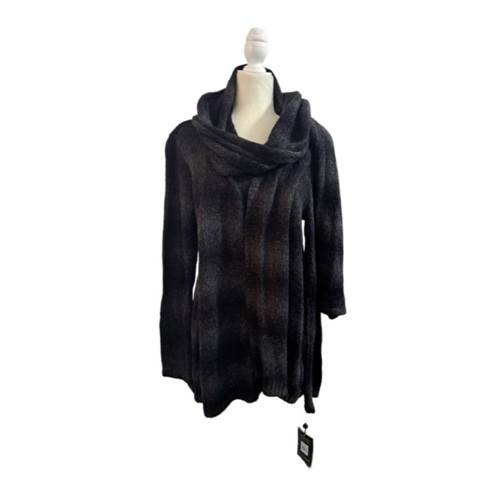 Elie Tahari Woman's Knit Open Cardigan Removable Scarf Grey Black Long Sleeves L